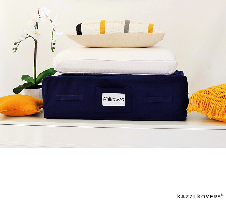 Fully enclosed navy blue storage bags to protect your seasonal pillows, linens and other items from the elements