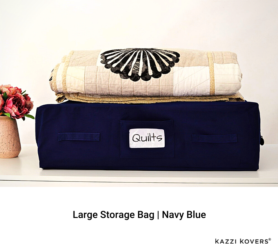 Fully enclosed large navy blue storage bag to protect and store your handmade quilts and family heirlooms | 100% Cotton