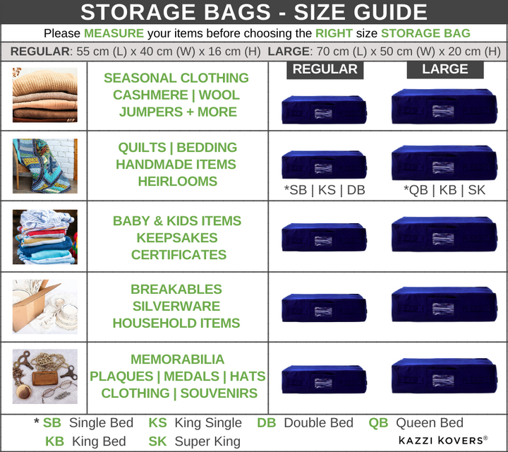 Storage Bag Size Guide | Kazzi Kovers