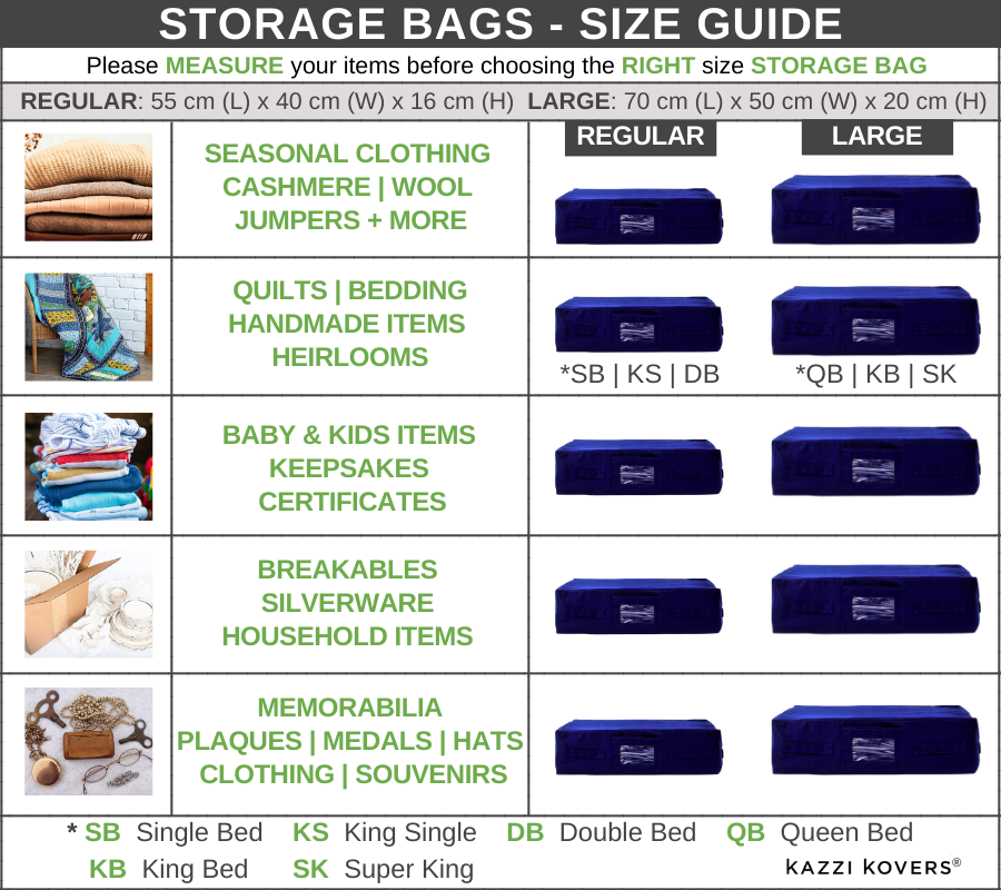 Storage Bag Size Guide | Kazzi Kovers