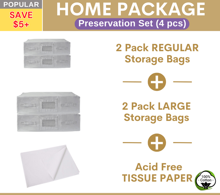 HOME Package | 2 REGULAR + 2 LARGE Light Grey Storage Bags + Acid Free Tissue Paper Preservation Set 