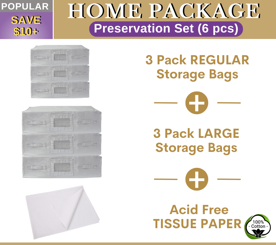 HOME Package | 3 REGULAR + 3 LARGE Grey Storage Bags + Acid Free Tissue Paper Preservation Set 