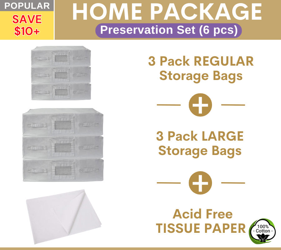 HOME Package | 3 REGULAR + 3 LARGE Grey Storage Bags + Acid Free Tissue Paper Preservation Set 