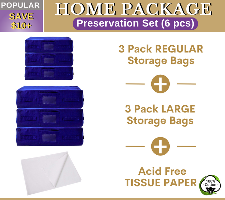 HOME Package | 3 REGULAR + 3 LARGE Navy Blue Storage Bags + Acid Free Tissue Paper Preservation Set 