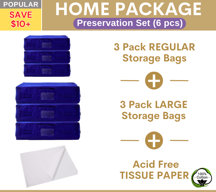 HOME Package | 3 REGULAR + 3 LARGE Navy Blue Storage Bags + Acid Free Tissue Paper Preservation Set 