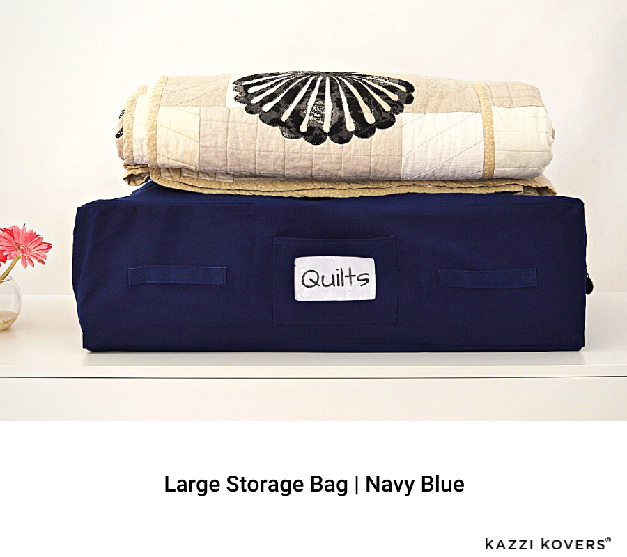 Protect your handmade quilts and heirlooms from damage and deterioration with our fully enclosed navy blue storage bags