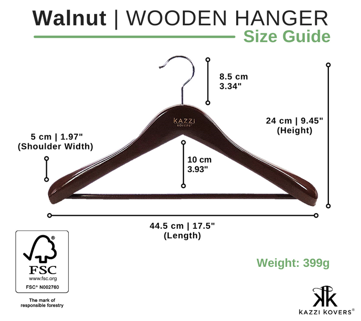 Walnut Wooden Hanger Size Guide | Kazzi Kovers