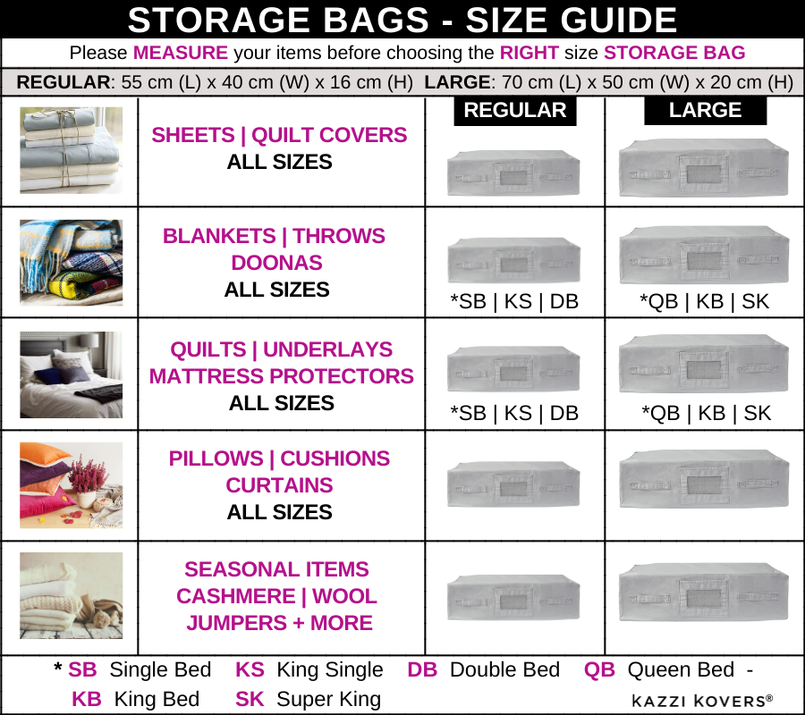 Storage Bag Size Guide | Kazzi Kovers