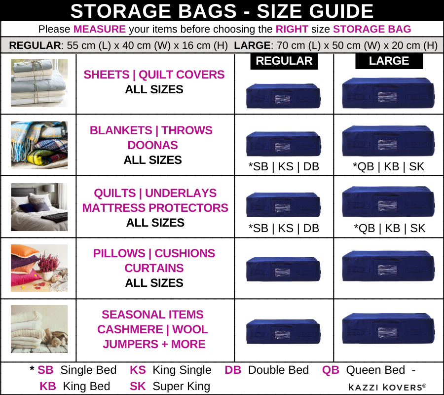 Storage Bag Size Guide | Kazzi Kovers