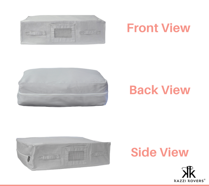 Front, back, and side view of regular light grey storage bag | Kazzi Kovers