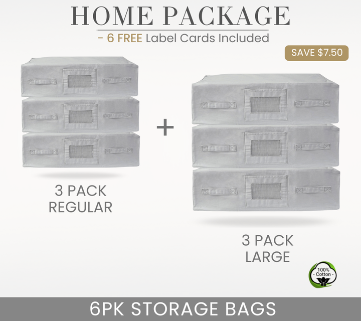 HOME PACKAGE - 6PK GREY Storage Bags | 3PK Regular + 3PK Large