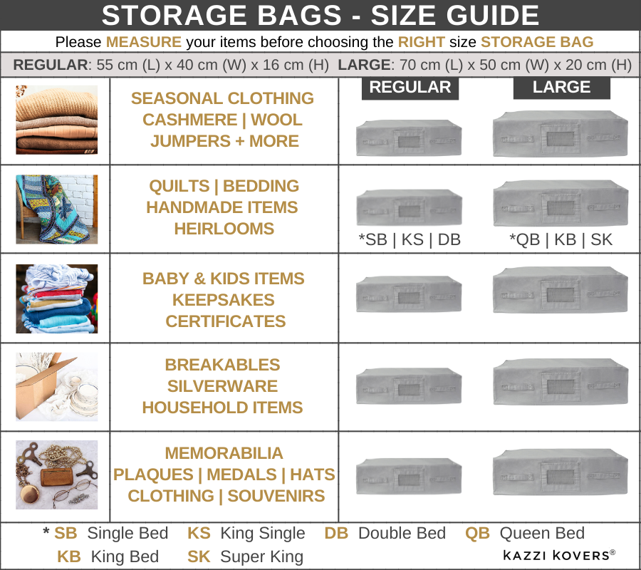 Storage Bags SIze Guide | Kazzi Kovers