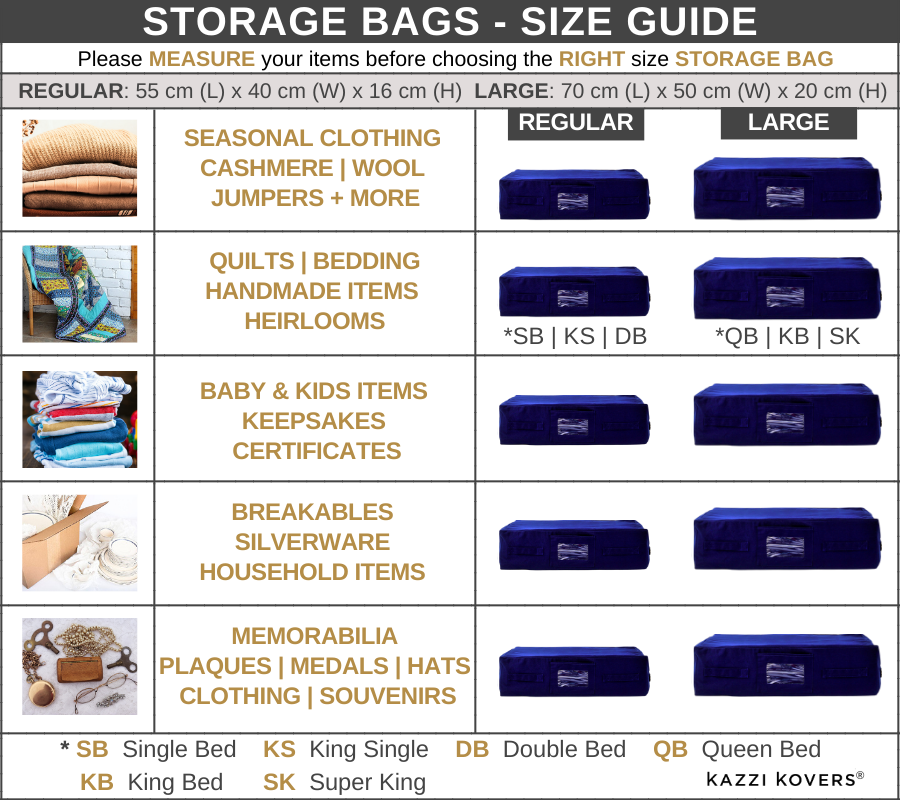 Storage Bags Size Guide | Kazzi Kovers