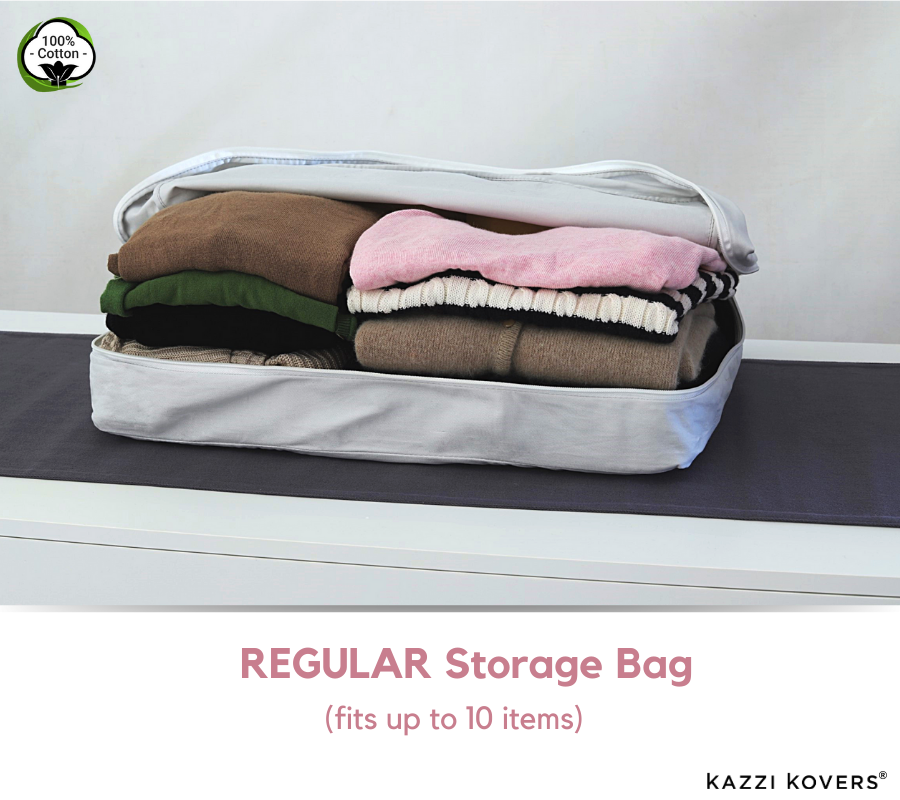 Neatly organised sweaters, jumpers, and cardigans in a regular size grey storage bag | Kazzi Kovers