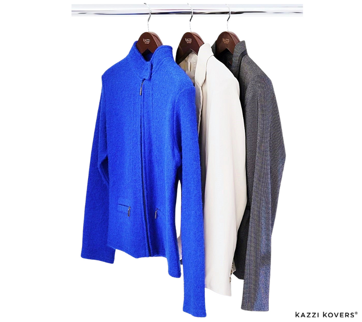 Waist length jackets displayed on wooden hangers | Kazzi Kovers