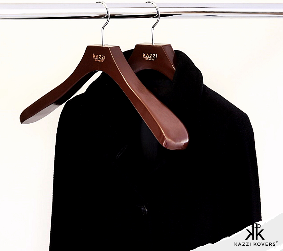 Wide shoulder walnut coat hangers to support heavy coats and garments | Kazzi Kovers