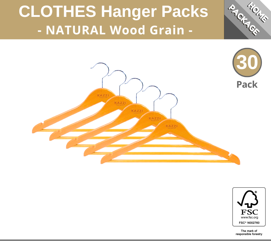 30PK Wooden CLOTHES Hangers | NATURAL Wood Grain