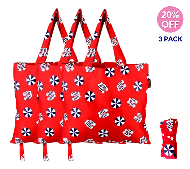 3PK Beach print foldable shopping tote bags