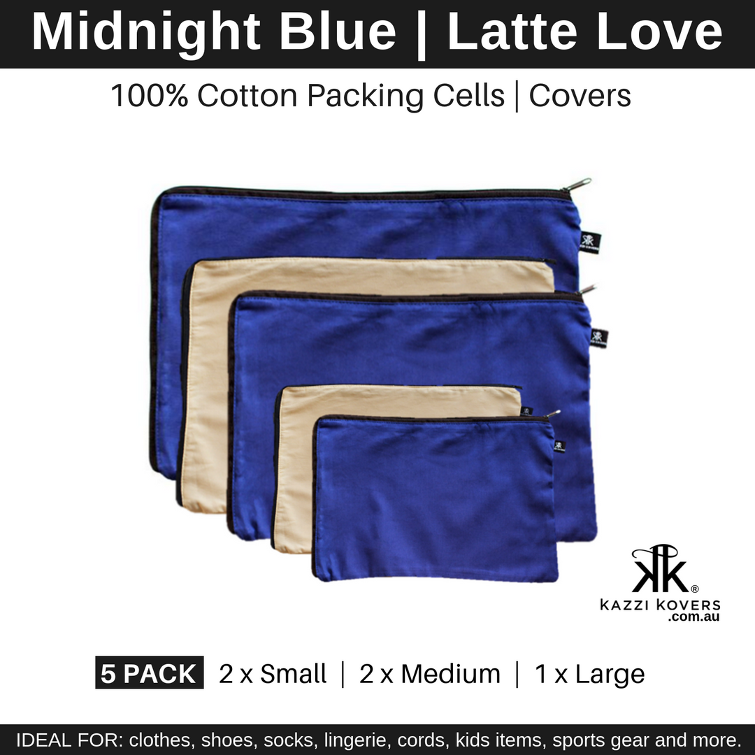 Navy and beige zippered cotton packing cells and covers