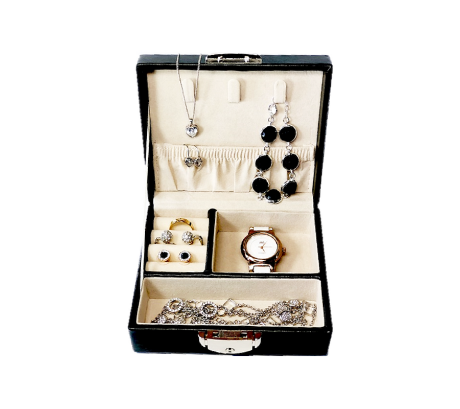 Black jewellery box for earrings, rings, necklaces, bracelets and watches