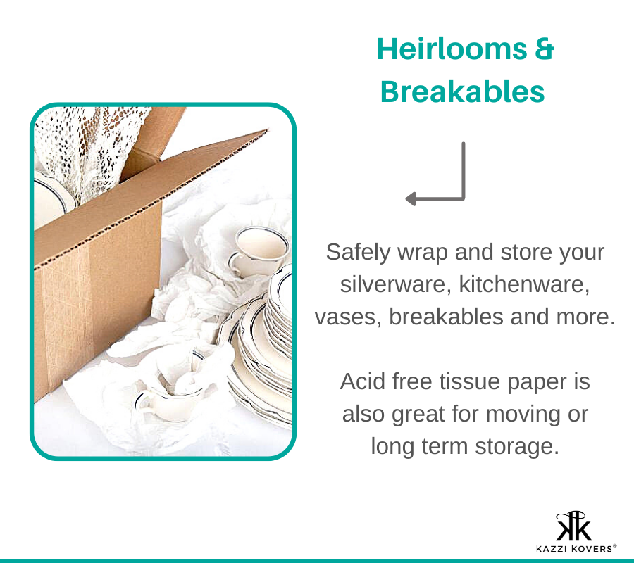 Wrap, layer and infill your heirlooms and breakables in acid free tissue paper. Place in the 100% cotton bag for long term storage