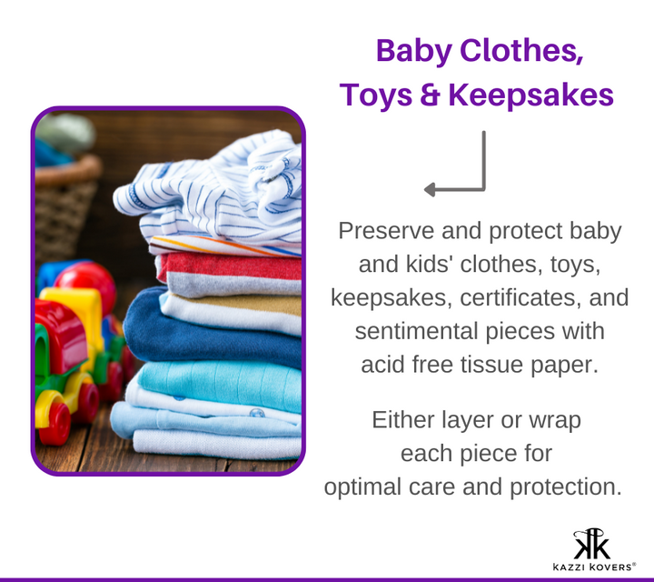 Preserve and protect beloved baby and kid's clothing with acid free tissue paper to prolong their longevity for today and future generations