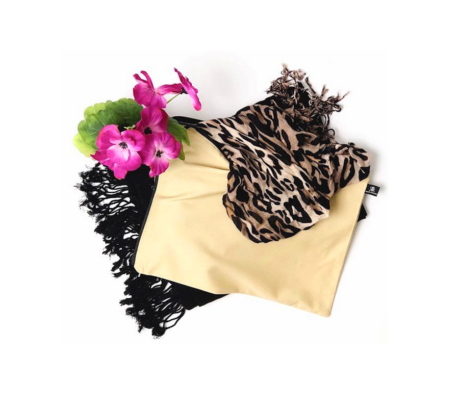 Beige storage bag with leopard print scarf