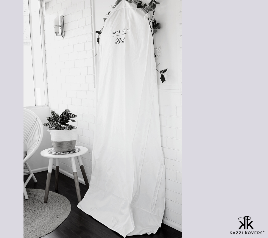 The stunning Kazzi Kovers extra long 100% natural cotton bridal garment cover | Breathable. Acid Free. Biodegradable