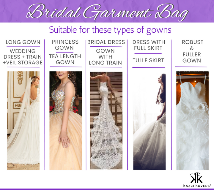 Various types of robust and long train wedding dresses suitable for the Bridal Garment Bag 