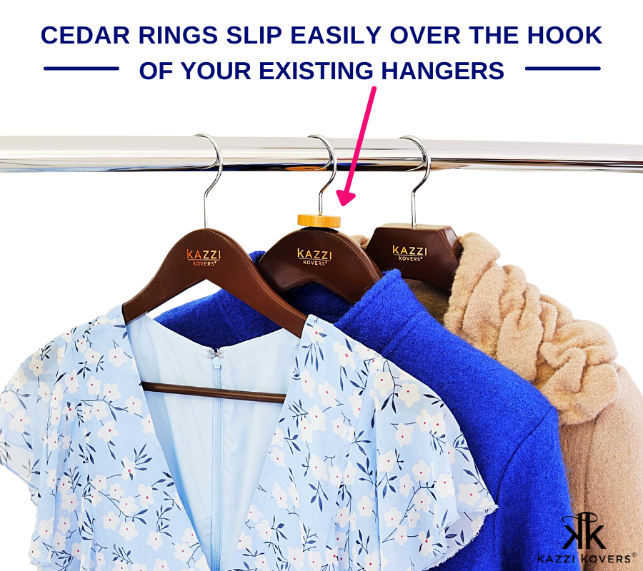 Cedar rings slip easily over the hook of your existing hangers