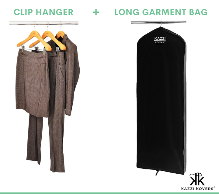 Clip hanger for long garments with black garment bag