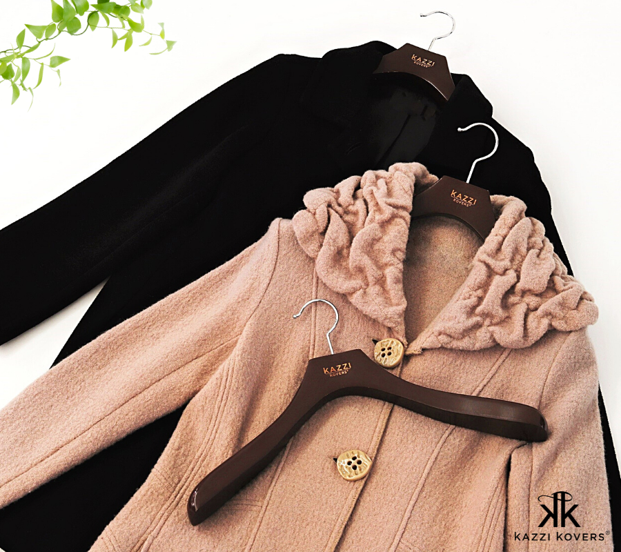 Coat Hangers Wood | Black and beige wool coats