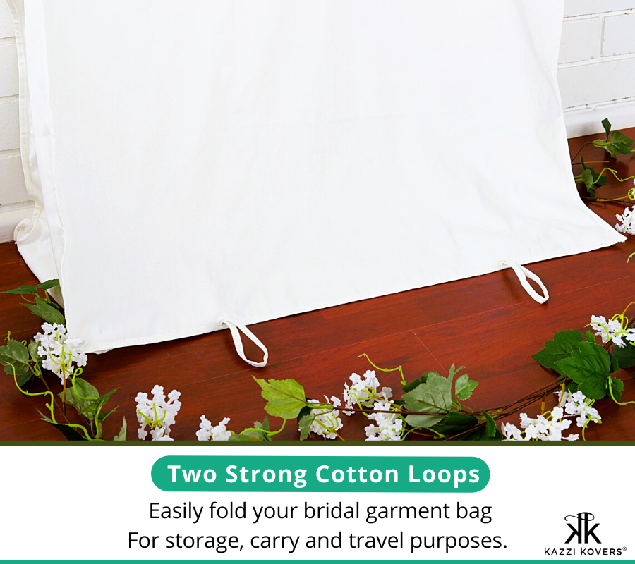 Two strong cotton loops are included to easily fold, carry and safely travel with your dress