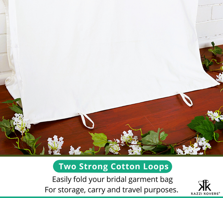 Two strong cotton loops are included to easily fold, carry and safely travel with your dress