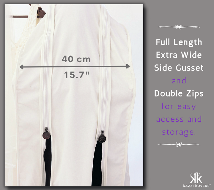 Full length broad 40 cm (15.7") side gusset with double zips and extra wide panels for easy access and gown storage