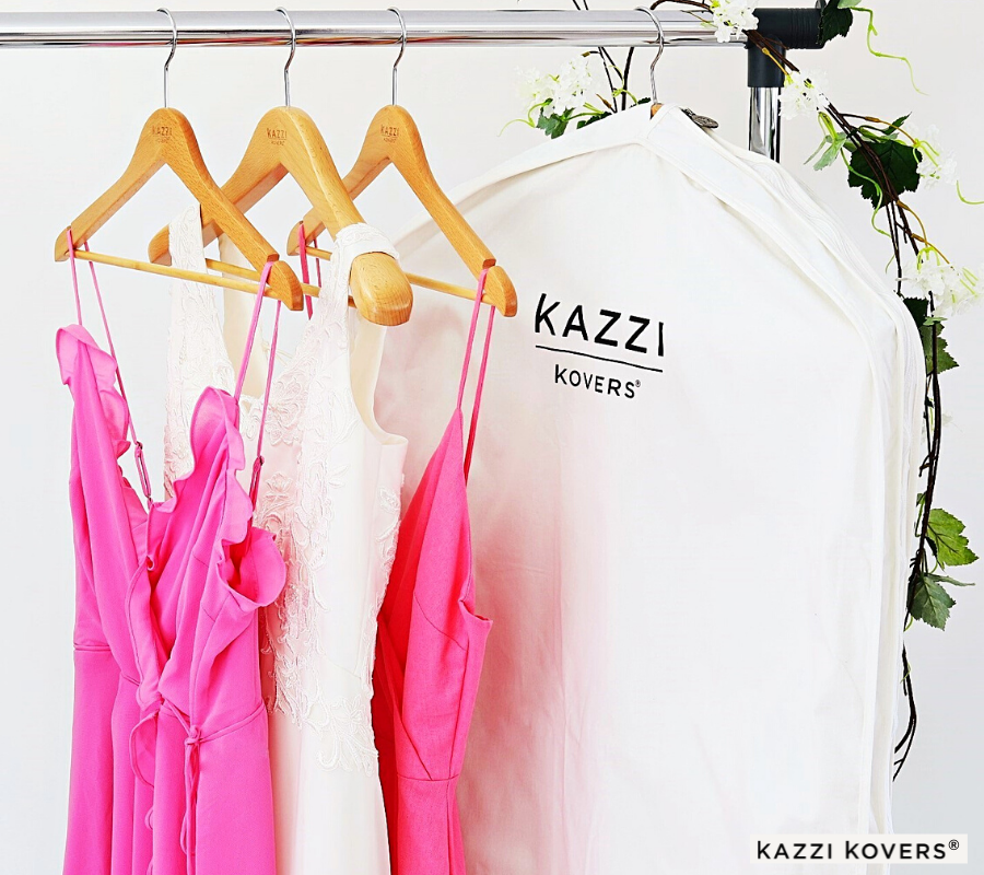 Pink bridesmaid dresses and bridal gown with Kazzi Kovers dress storage bags