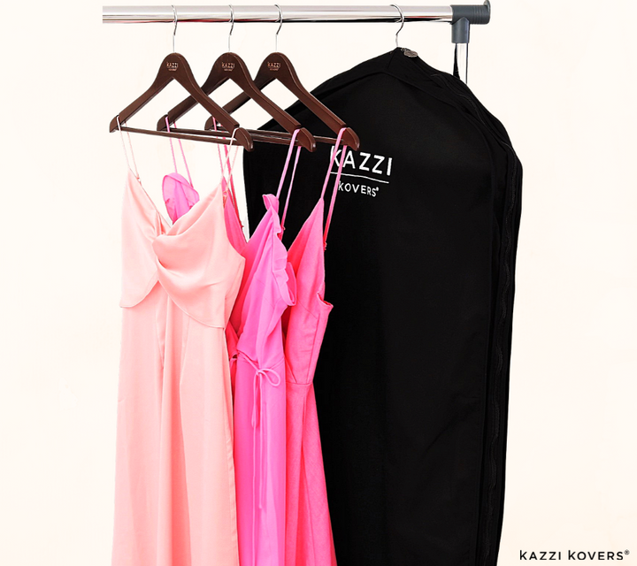 Beautiful pink dresses with straps displayed with Kazzi Kovers 100% Cotton Black Garment Bag