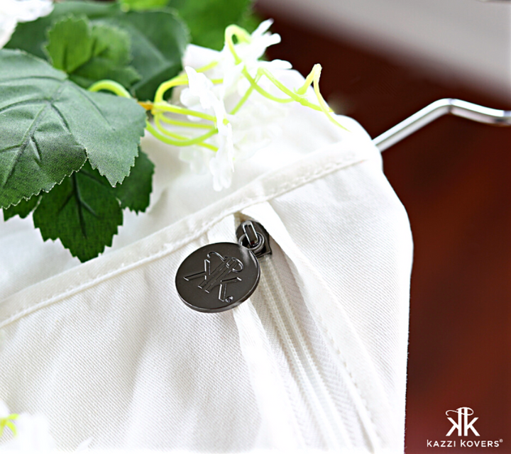 Engraved Kazzi Kovers metal zip to easily open and close your bridal garment bag