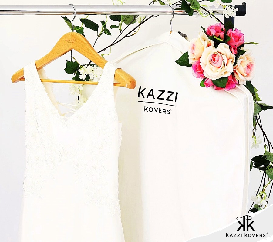 Garment bag with wedding dress and Kazzi Kovers wooden hanger