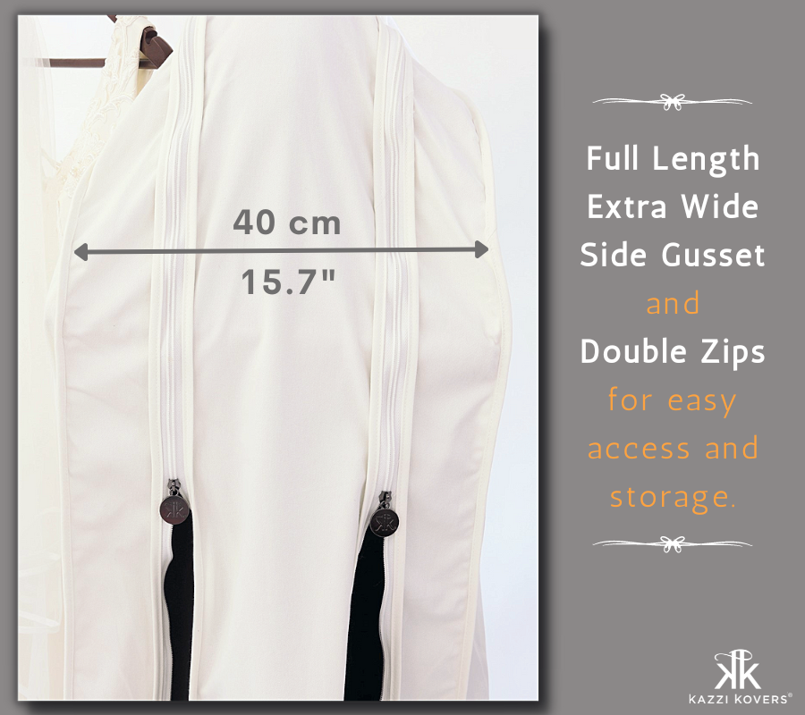 Our bridal garment bags include a full length 40 cm (15.7") gusset for easy access and storage of your dress