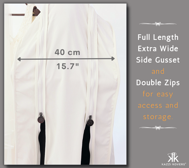 Our bridal garment bags include a full length 40 cm (15.7") gusset for easy access and storage of your dress