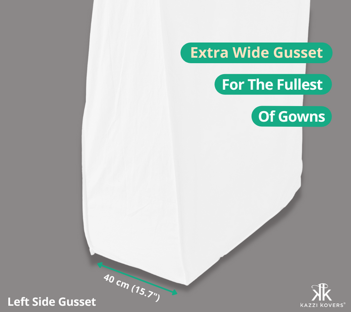 The extra wide left side gusset (40 cm (15.7") encapsulates the essence of space to give your gown the room it needs to breathe, and your gown not to be crushed at the bottom