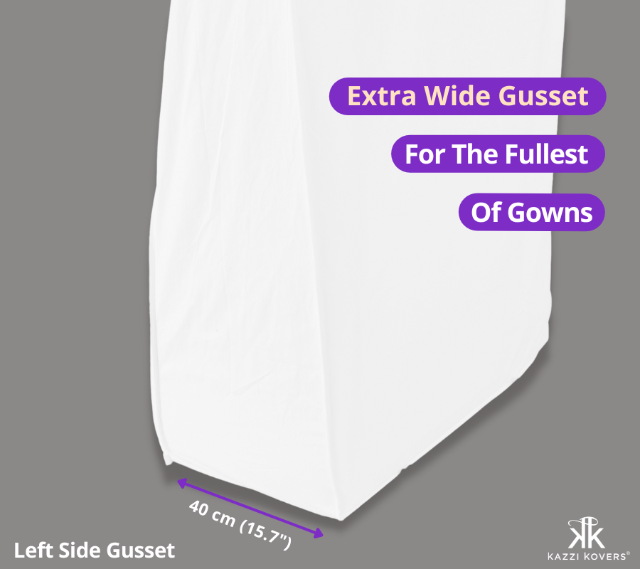 Left side view of wide gusset to safely accommodate the fullest of gowns, trains, skirts and hoops