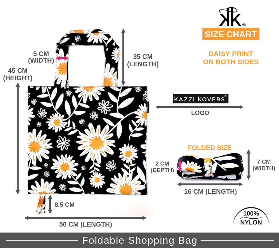 Size chart | Daisy print foldable reusable shopping bag