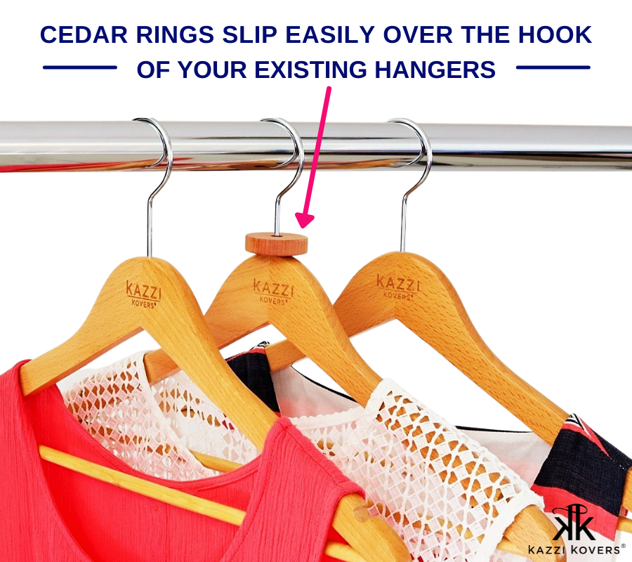 Cedar rings slip easily over the hook of your existing hangers