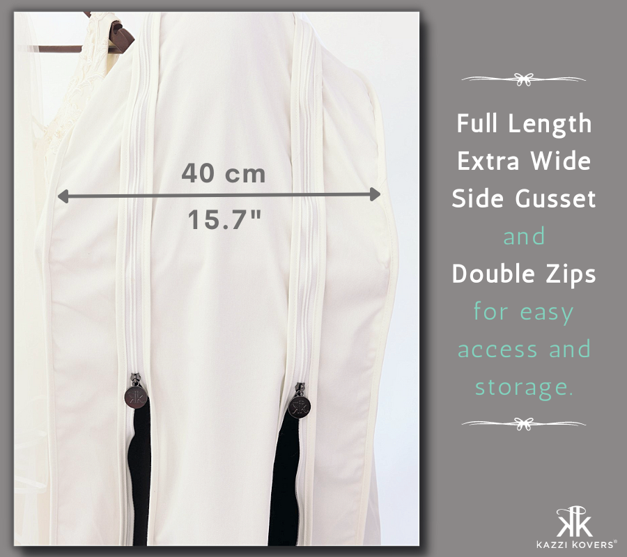 A generously wide gusset (40 cm/15.7") with convenient double zips, and full length panels for easy access and safe storage of your gown