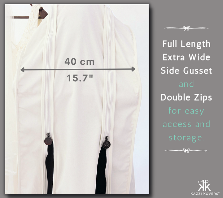 A generously wide gusset (40 cm/15.7") with convenient double zips, and full length panels for easy access and safe storage of your gown