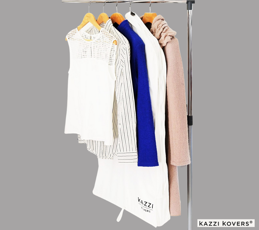 Kazzi Kovers wooden hangers and garments with cream garment bag