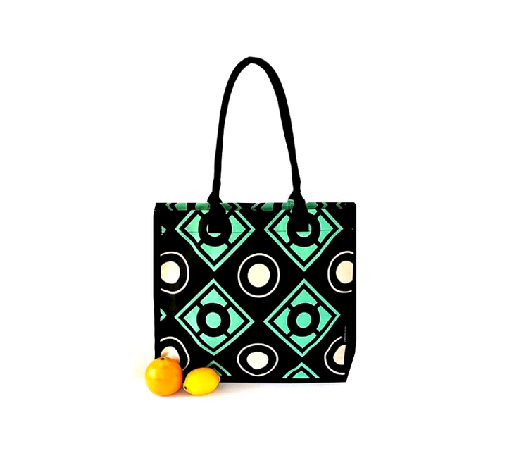 Green, beige and black geometric grocery tote bag