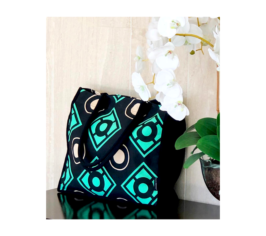 Green, beige and black geometric shopping tote bag